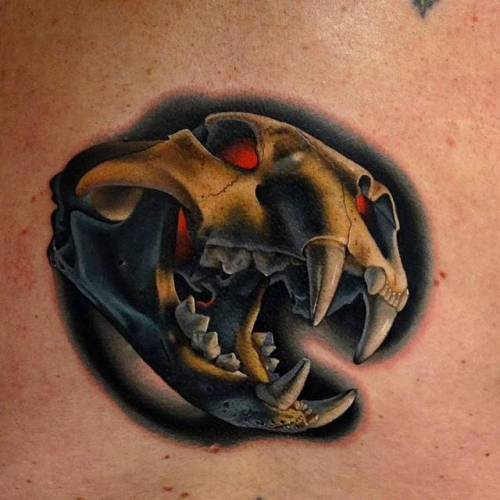 By Andrés Acosta, done at Red Dagger Tattoo Studio, Houston.... tiger;skull;feline;anatomy;andresacosta;animal;back;tiger skull;facebook;realistic;twitter;medium size