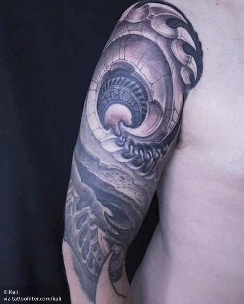 By Kali, done at Never Say Die Tattoo Studio, Croydon.... black and grey;kali;big;half sleeve;biomechanical;facebook;twitter;upper arm