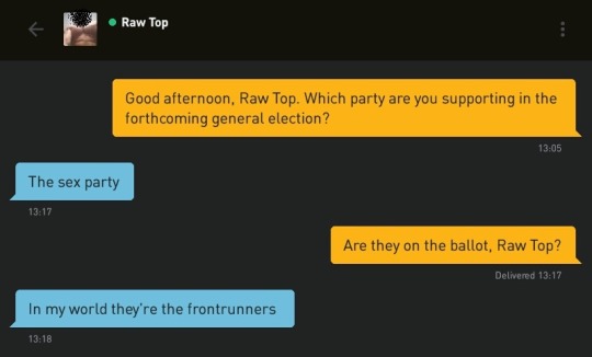 Me: Good afternoon, Raw Top. Which party are you supporting in the forthcoming general election?
Raw Top: The sex party
Me: Are they on the ballot, Raw Top?
Raw Top: In my world they're the frontrunners