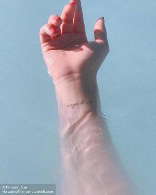 By Tattooist Arar, done in Seoul. http://ttoo.co/p/188913 healed;tattooistarar;small;latin;single needle;tiny;quotes by authors;ifttt;little;wrist;latin tattoo quotes;minimalist;quotes;other;fine line;carpe diem;line art;languages;horace quotes