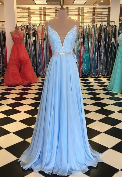 Elegant baby blue chiffon prom dress with straps - Prom Dress Blog