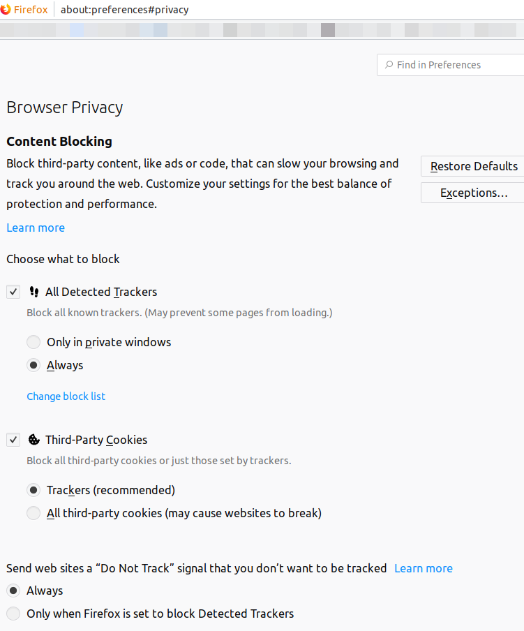 The privacy options in Firefox's about:preferences