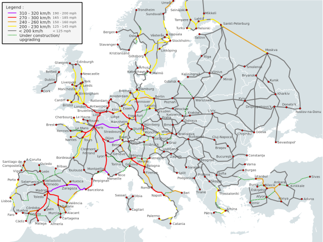 Map of high-speed rail network in Europe, 2019.