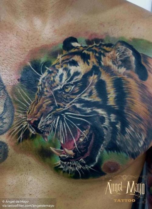 By Ángel de Mayo, done at Ángel de Mayo Tattoo, Alcalá de... angeldemayo;tiger;feline;big;animal;chest;facebook;realistic;twitter