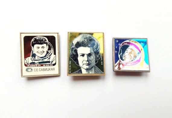 Soviet cosmonauts Svetlana Savitskaya, Valentina Tereshkova and Yuri Gagarin - vintage sitall pins (buy in my shop)