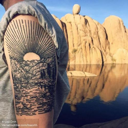 By Lisa Orth, done at Alleged Tattoo, Los Angeles.... healed;lisaorth;sunset;big;landscape;facebook;nature;twitter;engraving;other;upper arm