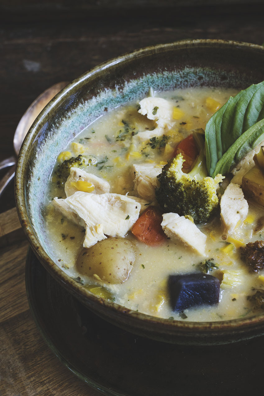 Creamy chicken and roasted vegetable soup