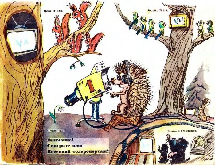 “Attention! Watch our springtime programme.” Illustration by V. Kanevsky, published in Funny Pictures in 1973.