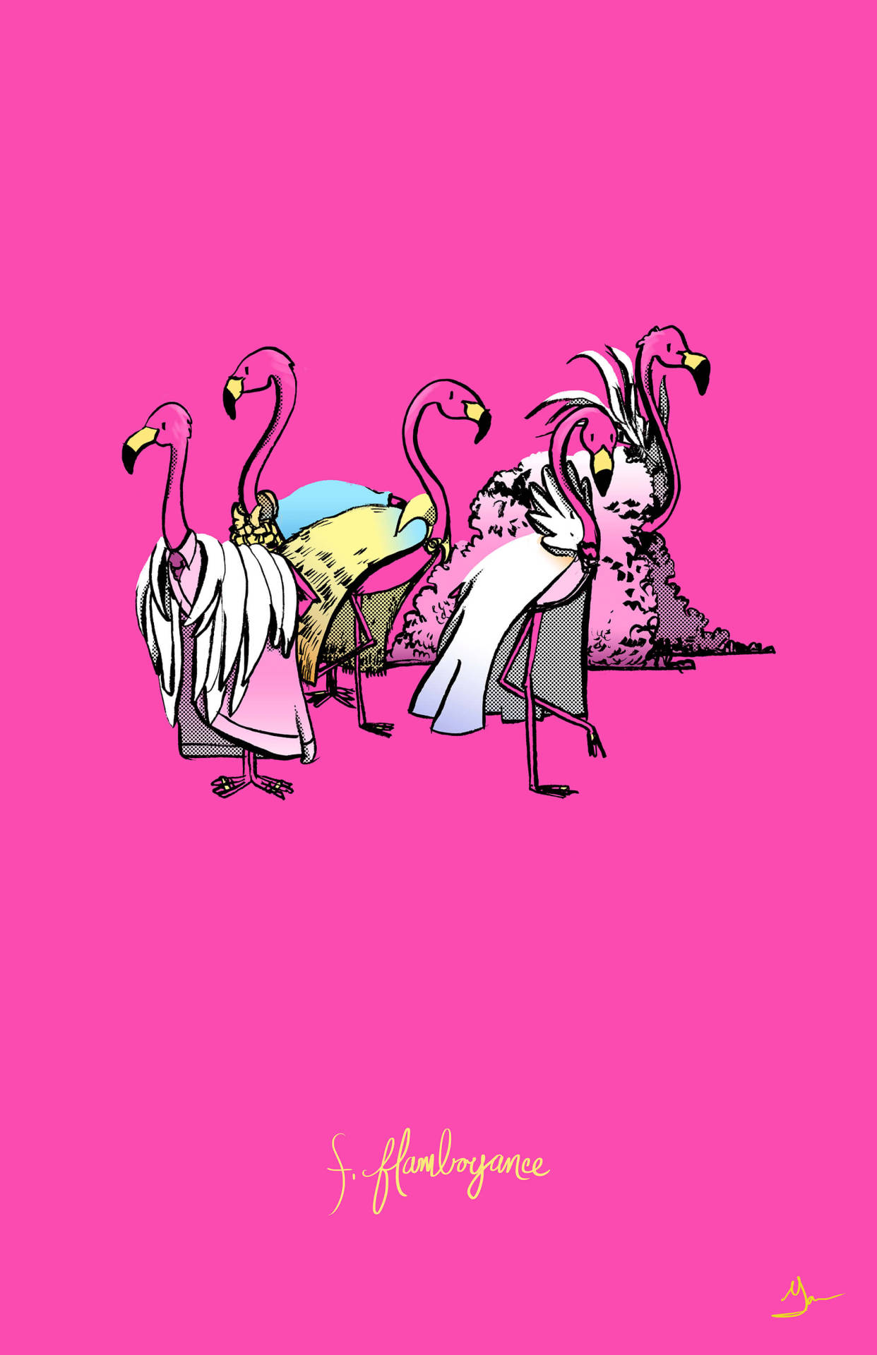 A Flamboyance of Flamingos by Mal Jones! It’s just one of the 26 illustrations I put together called Nomencreatures. They are silly animal group names. You can check them out on my blog and pick up some prints at inPRNT.