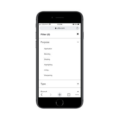Ulta customers can filter category page results by Purpose, Type, Brand and more