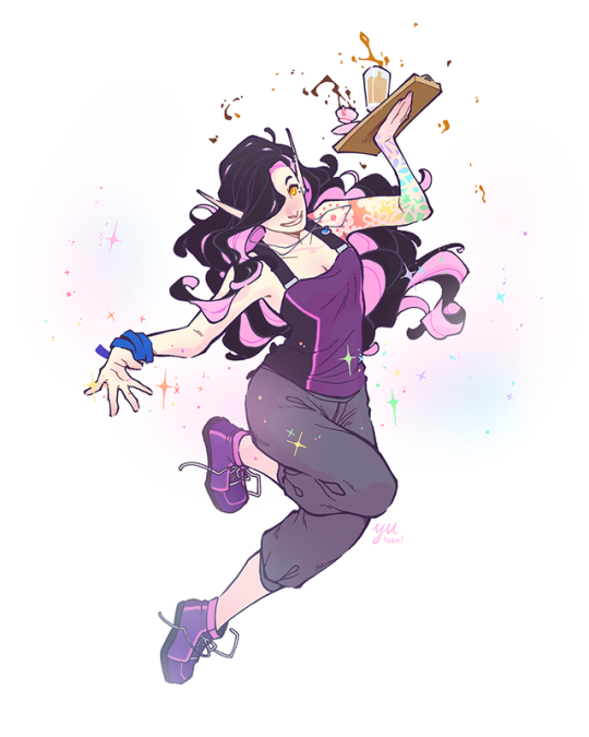 A shaded commission of the client's character Mantis, a coffee-shop-owning dryad! I always love working with pink and purple, so...
