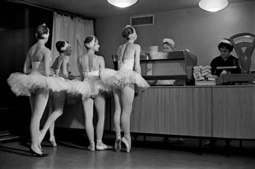 historicaltimes:Ballerinas in the cafeteria at the Bolshoi...