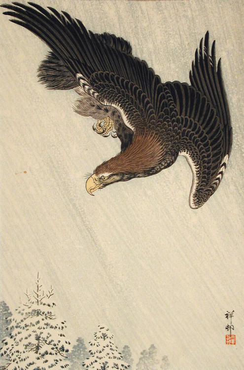 heaveninawildflower:‘Eagle Flying in Snow’ (1933).Woodblock...