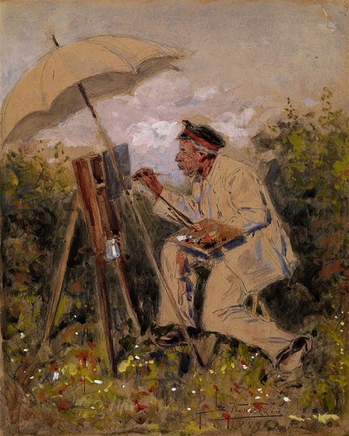 Vladimir Makovsky (1846-1920) - The painter, pencil, watercolour and gouache on paper, 24 x 18.5 cm. 1896.