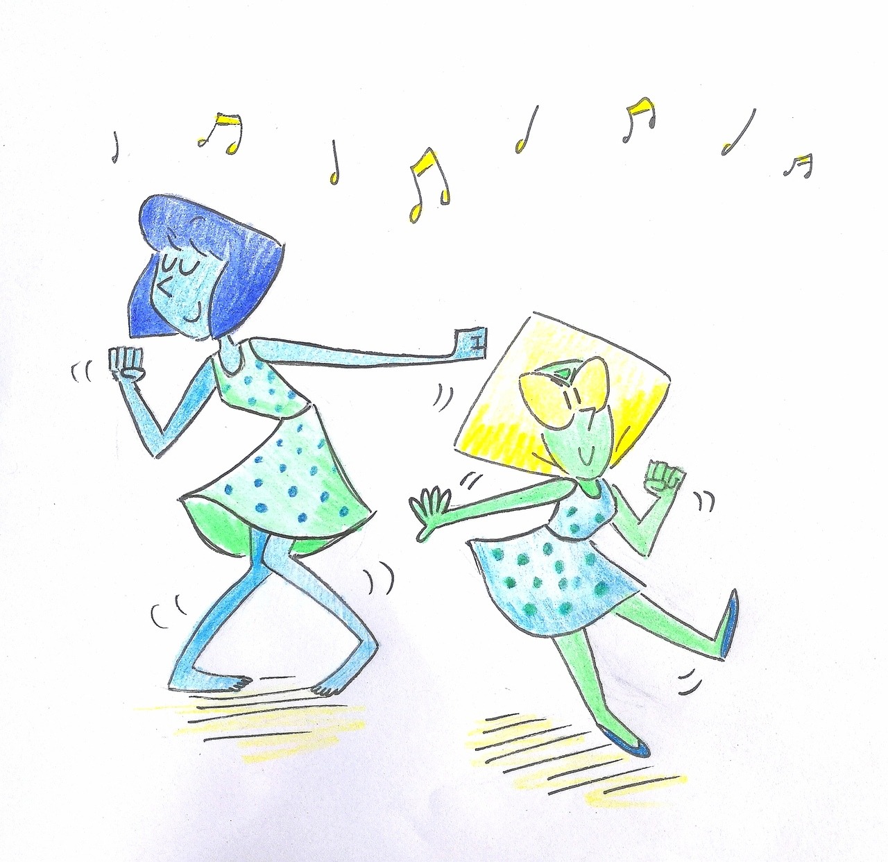 I can't remember who requested this but here's a drawing of Lapis and Peridot dancing that I drew two days ago