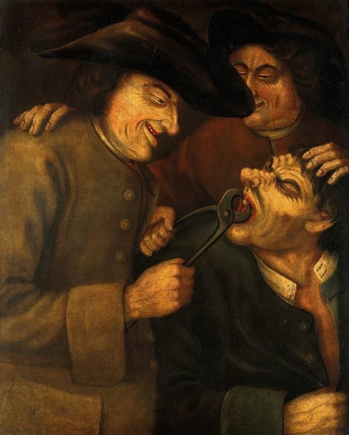 A blacksmith extracting a tooth, an oil painting in the manner of John Collier, known as Tim Bobbin, Wellcome Collection