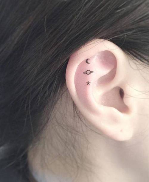 By Diki · Playground, done at Playground Tattoo, Seoul.... small;astronomy;micro;planet;playground;tiny;ifttt;little;crescent moon;star;minimalist;saturn;moon;ear