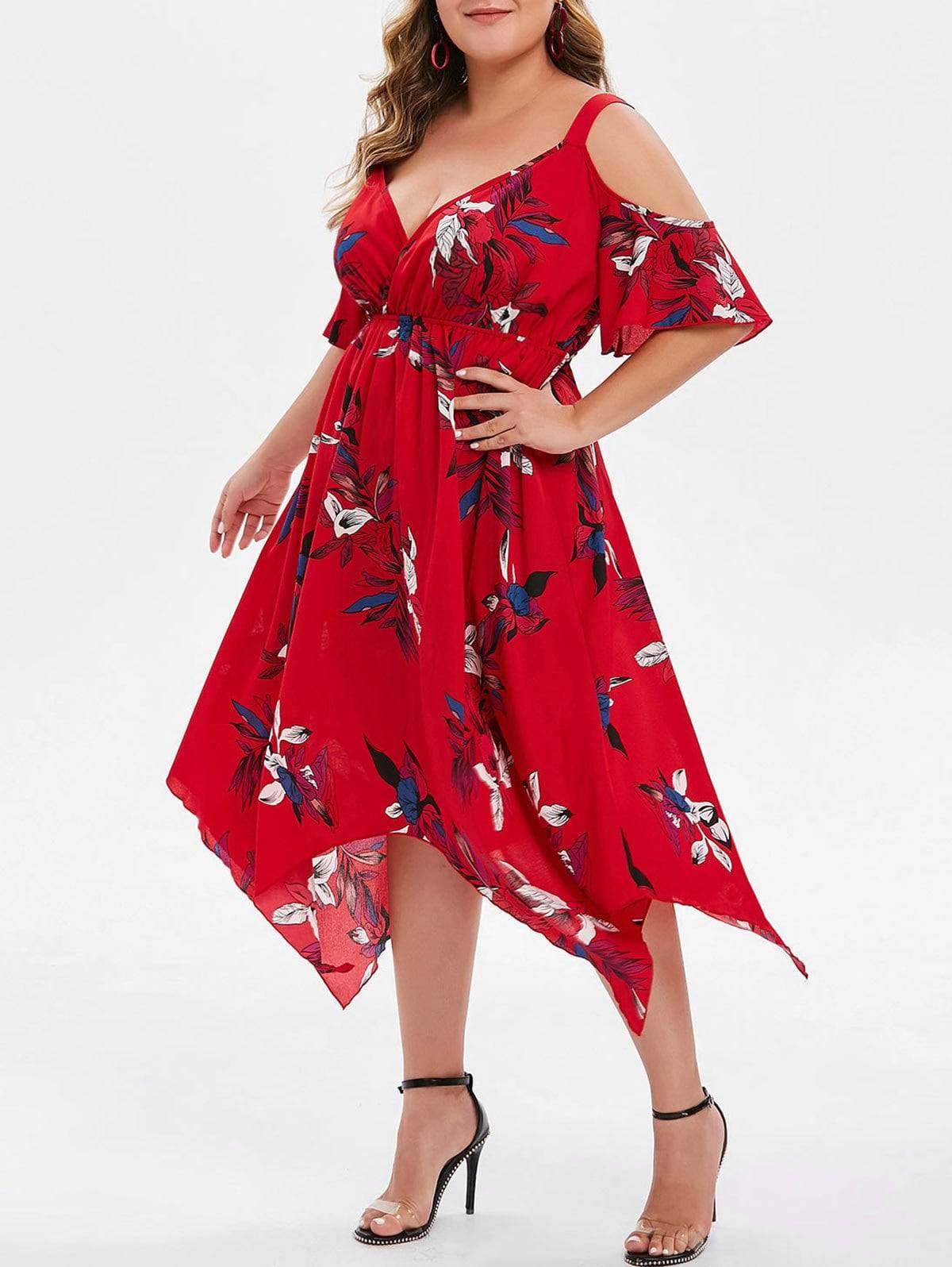 IntimateLustFashion — (Plus Size Open Shoulder Handkerchief Dress)