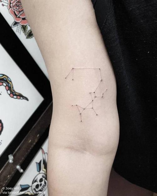 By Joey Hill, done at High Seas Tattoo Parlor, Los Angeles.... small;astronomy;bicep;line art;tiny;joeyhill;constellation;ifttt;little;sagittarius constellation;medium size;fine line