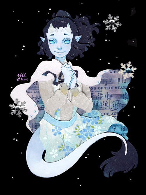 Papercraft commission of the client's tiefling lore bard, Aria! She has a wintry theme in addition to her musical background, so...