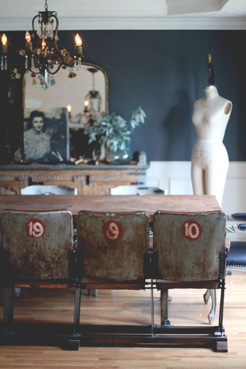 magicalhomestead:Old cinema seats as dining room chairs. Not...