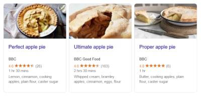 Recipe snippets using structured data markup on Google Search