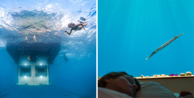 travelingcolors:<br /><br />Manta Resorts Underwater Hotel Room opens in Pemba Island | Tanzania  (by Genberg Underwater Hotels  - photos byJesper Anhede)<br /><br />Situated off the eastern coast of Africa by Pemba Island, a private floating island at the Manta Resort provides guests with an all-inclusive hotel room submerged four meters below the surface of the ocean. Designed by Swedish company Genberg Underwater Hotels, each of the three levels that make up the buoyant building has its own unique view: a rooftop terrace for sun bathing in the day and star gazing at night, a landing deck at sea level equipped with a lounge and restroom, and an underwater hotel room below surrounded by panes of glass for a 360 degree marine panorama. <br /><br />