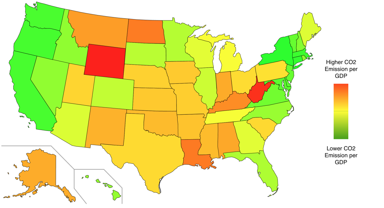 US States by CO2 emissions efficiency. - Maps on the Web