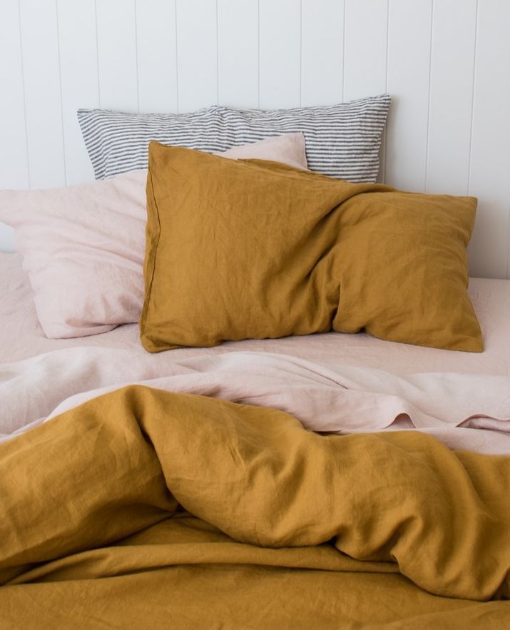 French Linen Bedding in Mustard, Blush & Stripe. Beautiful Home Decor. Aesthetic Design. Bedroom Styling.