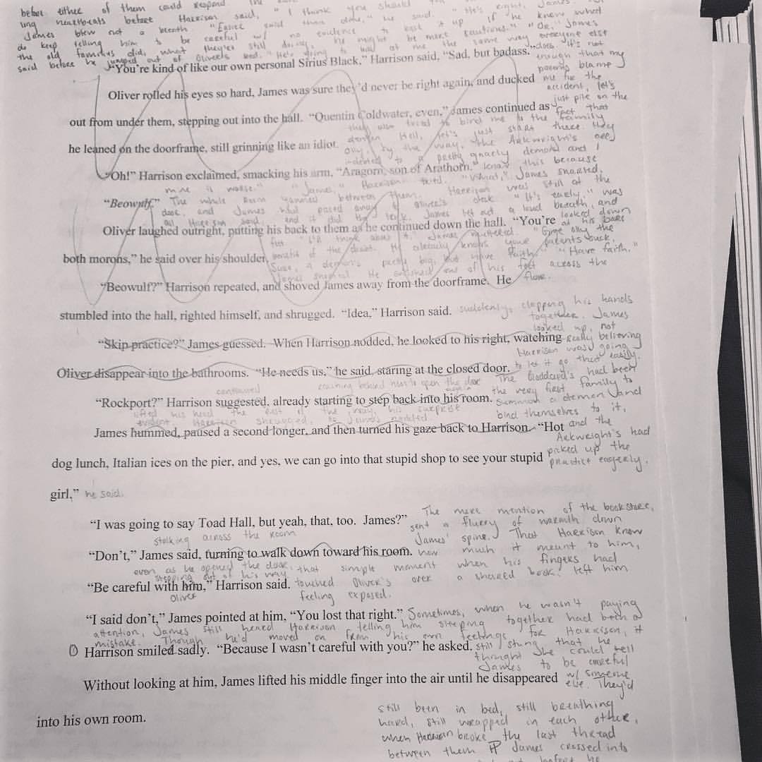 Some pages I have to rewrite in their entirety. Some chapters, I just write ânoâ or âbyeâ at the top. Sometimes, there are three different colored pens on one page. Sometimes, there are no edits. Sometimes, whole subplots change, and characters get a...