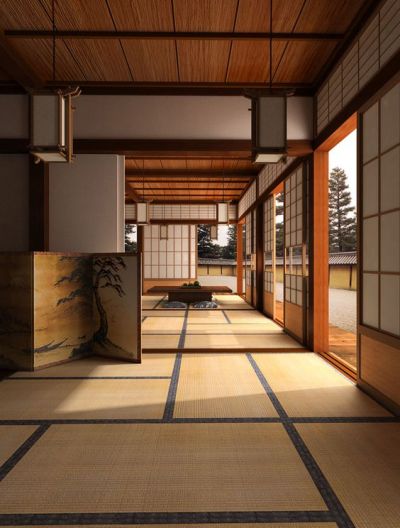 Japanese open concept home in the traditional style, featuring shoji doors, paper lanterns and tatami mats.