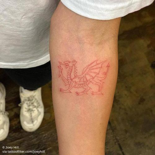 By Joey Hill, done at High Seas Tattoo Parlor, Los Angeles.... small;line art;dragon;tiny;wales;joeyhill;welsh dragon;ifttt;little;red;experimental;inner forearm;mythology;other;fine line;patriotic