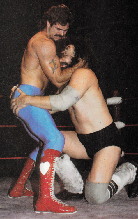 Rick Rude vs Bruiser Brody - WCW Magazine [January 1994]A great shot found inside the “Gordon Solie Remembers” column, caption claims the photo is from 1984.