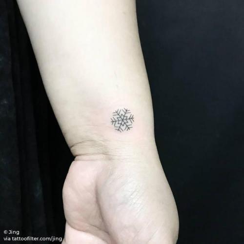 By Jing, done at Jing’s Tattoo, Queens.... jing;small;winter;snowflake;micro;line art;tiny;ifttt;little;nature;wrist;minimalist;four season;fine line
