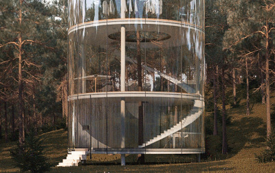 worclip:<br /><br />Tree in the House (2013) by Almasov Aibek of A.Masow Design Studio<br />A conceptual design that turns the idea of a tree house inside out, Bauhaus-style<br />Location: Almaty, Kazakhstan<br /><br />This house is located in the mountains of Almaty, among the forest of fir trees. He created for that would feel more fusion with nature and give up some unnecessary conditions and things. The house has to be something that can only develop your spiritual and creative development.<br /><br />