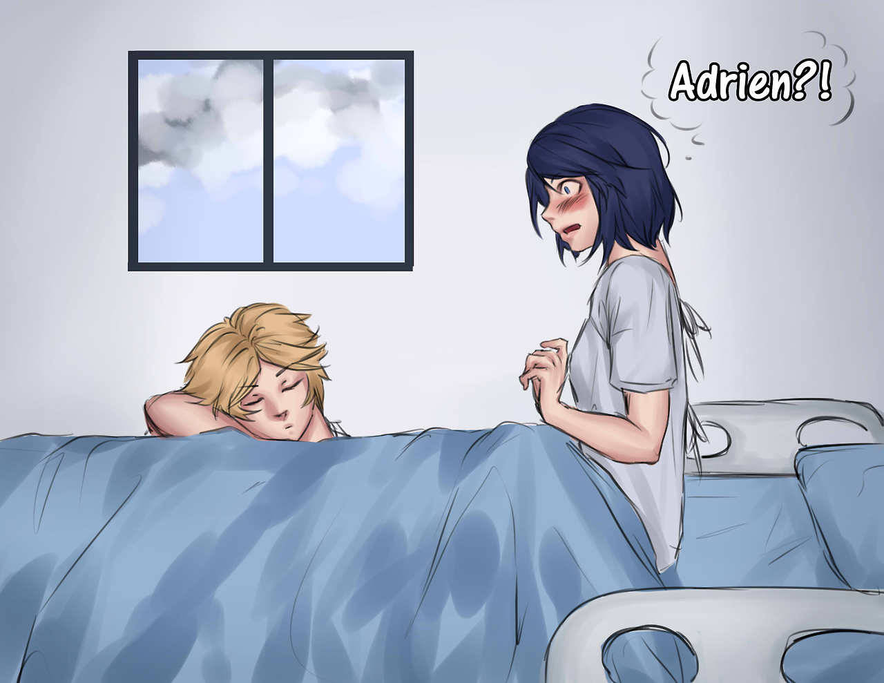 Adrien and marinette kissing in bed