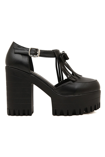 romwe bowknot tassels embellished black platforms buckle