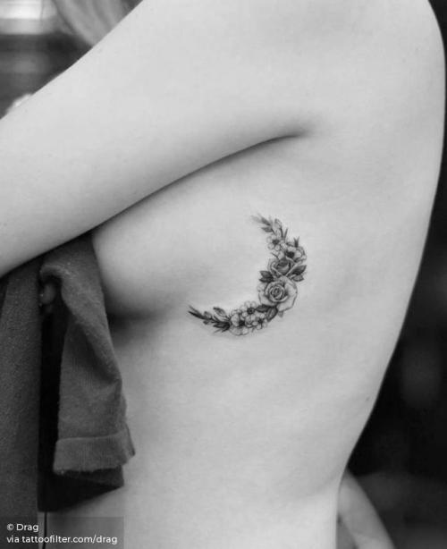 By Drag, done at Bang Bang Tattoo, Manhattan.... flower;side boob;small;astronomy;single needle;tiny;flower wreath;ifttt;little;nature;crescent moon;drag;flower moon;moon;medium size