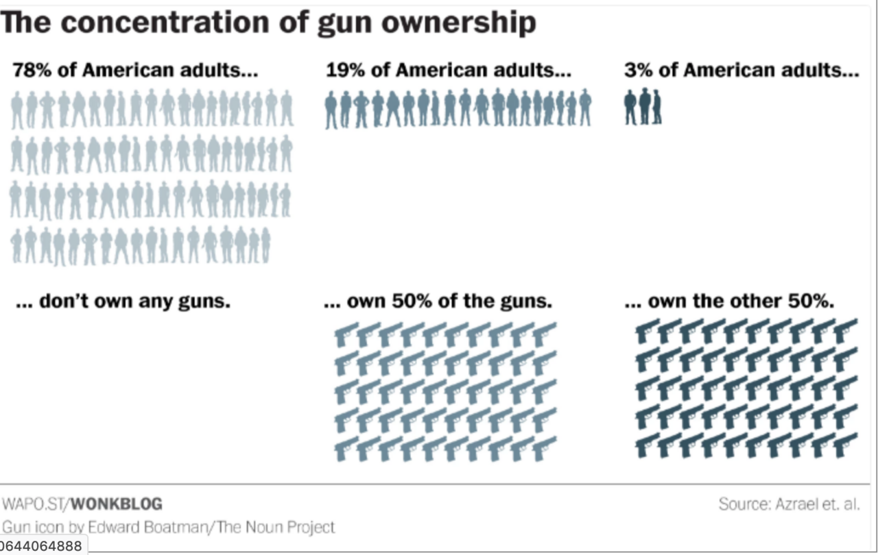 Title:  The Concentration of Gun Ownership.   Graphics:  78% of American adults don't own any guns.  19% of American adults own 50% of the guns.  3% of American adults own the other 50%.