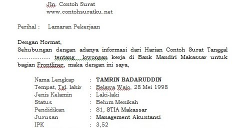 Contoh Surat Lamaran Bank