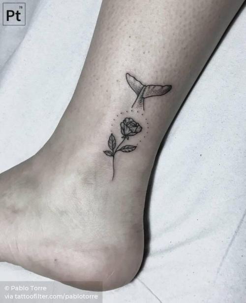 By Pablo Torre, done at Alchemist’s Valley, Madrid.... pablotorre;flower;small;whale;animal;rose;ankle;whale tail;facebook;nature;blackwork;twitter;ocean;illustrative