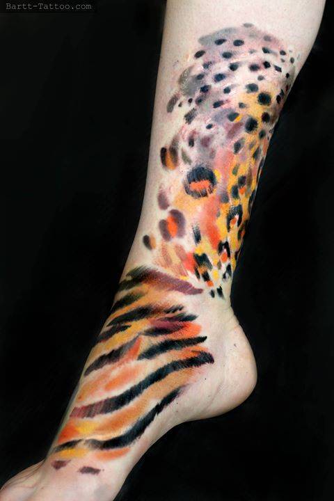 Tattoo tagged with: tiger, abstract, feline, foot, bartt, big, animal,  cheetah, contemporary, watercolor, facebook, twitter, jaguar, leopard,  expressionist, leg 
