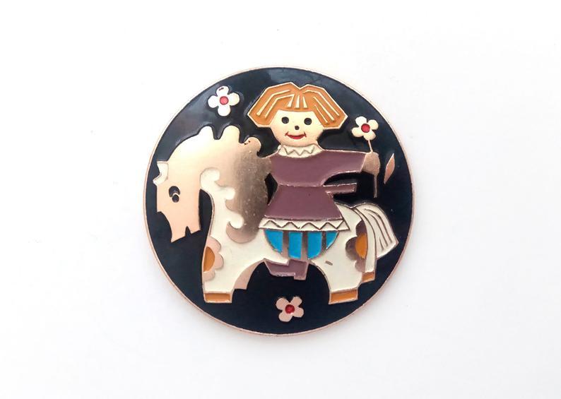 Boy on a horse, vintage enamel pin