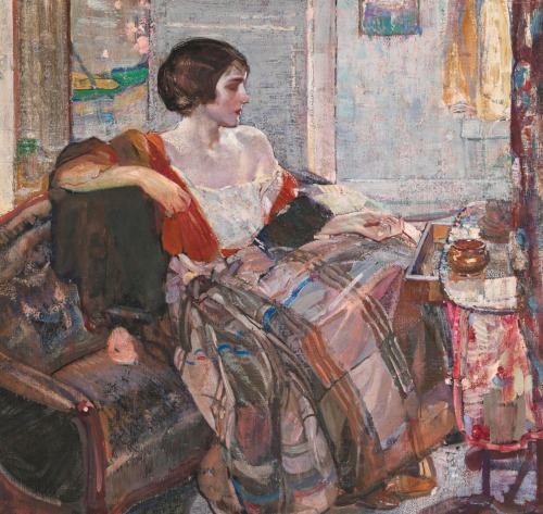 huariqueje:
â€œ Woman Seated at a Dressing Table - Richard Edward Miller c. 1925
American 1875-1943
Oil on canvas 34 X 36 in
â€