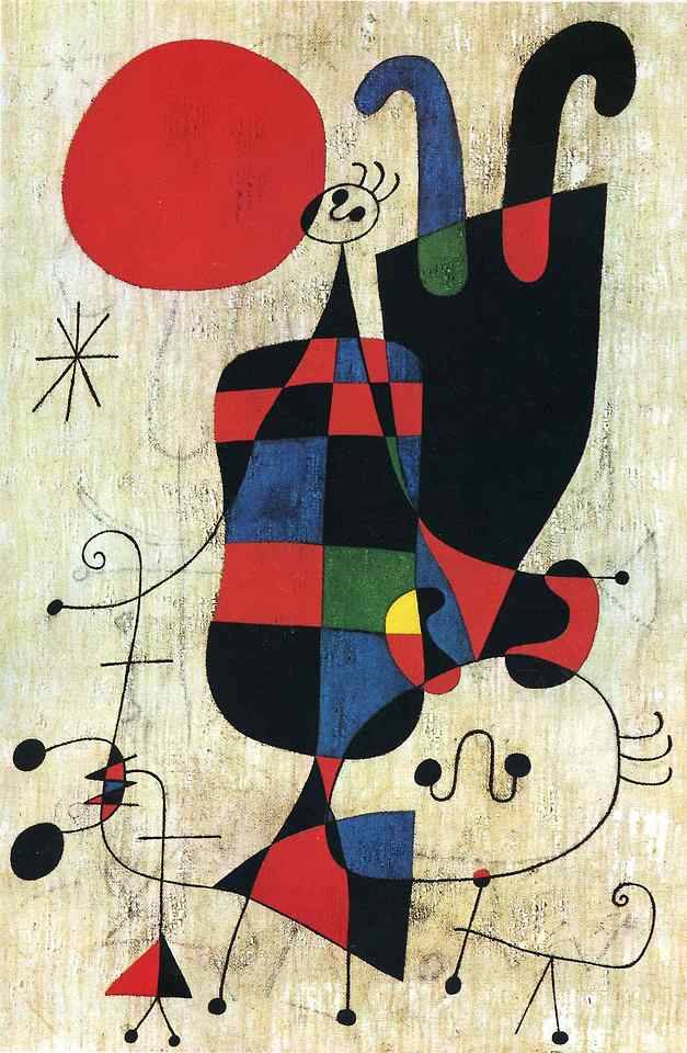 joan miro figures and dog in front of the sun