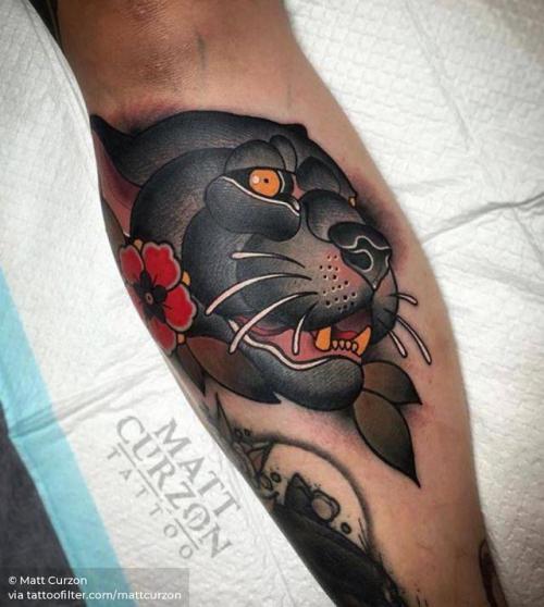 Neotraditional style panther tattoo on the left calf