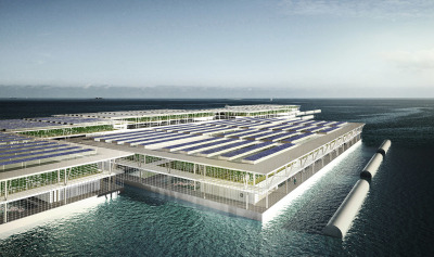 micdotcom:<br /><br /><br />This floating farm could yield 8.1 tons of produce and 1.7 tons of fish annually <br />Forward Thinking Architecture, a Barcelona-based group focused on sustainable design, imagined large, three-story farms that float through the ocean. The Smart Floating Farms would house massive hydroponic farms and, beneath them, fish farms, making each barge a nearly self-sustaining, veritable grocery list of items for a clean, healthy diet. And it would nearly power itself.<br />