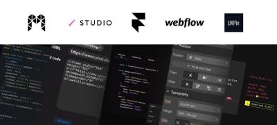 Logos and screenshots showing the code behind tools developed by companies like Modulz, Studio.Design, FramerX, and others.