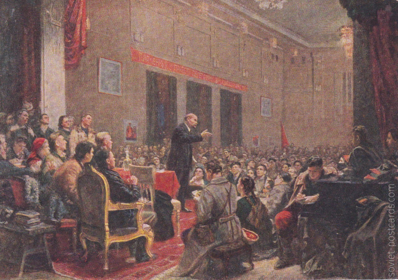 Vladimir Lenin giving speech at the 3rd Komsomol congress, vintage Soviet postcard (1958)