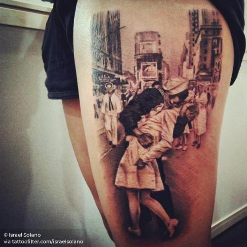 By Israel Solano, done at DSB Tattoo, Madrid.... art;black and grey;patriotic;israelsolano;big;sailor;united states of america;love;v j day in times square;thigh;facebook;location;twitter;profession;new york;kiss;alfred eisenstaedt